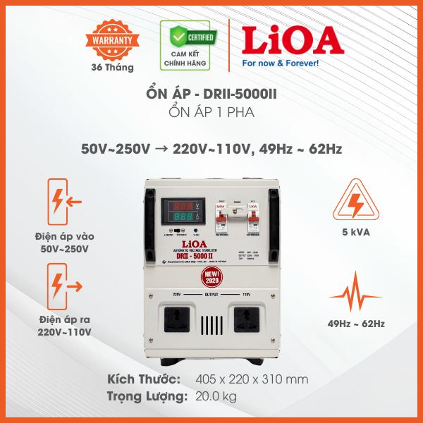 Ổn Áp LiOA 1 Pha DRII-5000II 5kVA 5000VA. Điện Áp Vào 50V÷250V, Điện Áp Ra 220V÷110V. Dây Đồng 100%