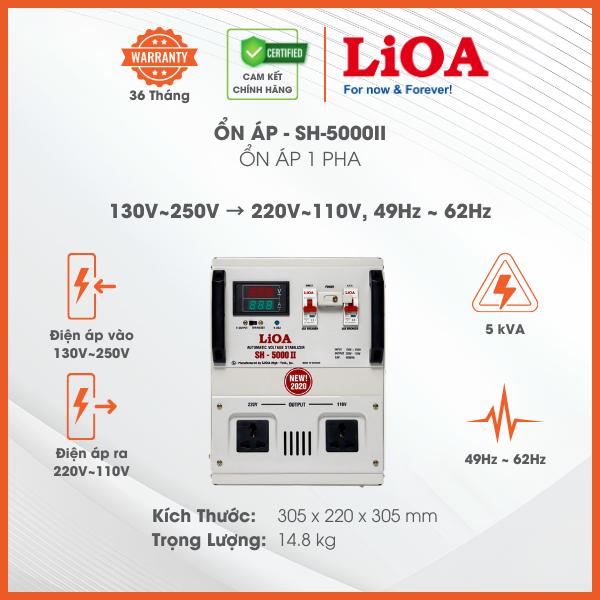 Ổn Áp LiOA 1 Pha SH-7500II 7,5kVA 7500VA. Điện Áp Vào 150V÷250V, Điện Áp Ra 220V÷110V. Dây Đồng 100%