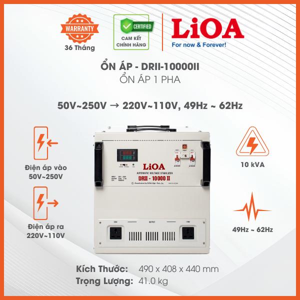 Ổn Áp LiOA 1 Pha DRII-10000II 10kVA 10000VA Điện Áp Vào 50V÷250V, Điện Áp Ra 220V÷110V. Dây Đồng 100%