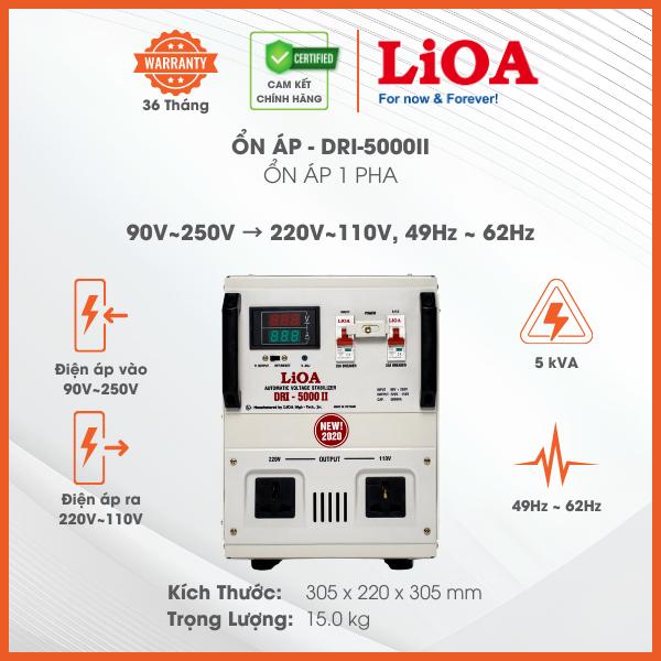 Ổn Áp LiOA 1 Pha DRI-5000II 5kVA 5000VA. Điện Áp Vào 90V÷250V, Điện Áp Ra 220V÷110V. Dây Đồng 100%