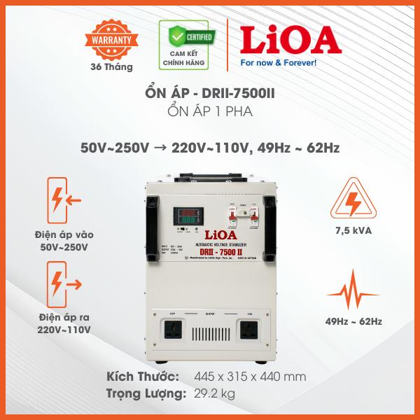 Ổn Áp LiOA 1 Pha DRII-7500II 7,5kVA 7500VA. Điện Áp Vào 50V÷250V, Điện Áp Ra 220V÷110V. Dây Đồng 100%