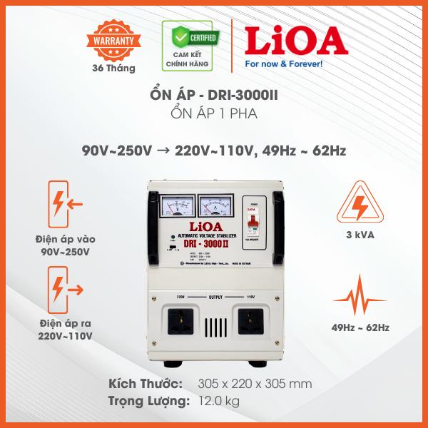 Ổn Áp LiOA 1 Pha DRII-3000II 3 kVA 3000VA. Điện Áp Vào 50V÷250V, Điện Áp Ra 220V÷110V. Dây Đồng 100%