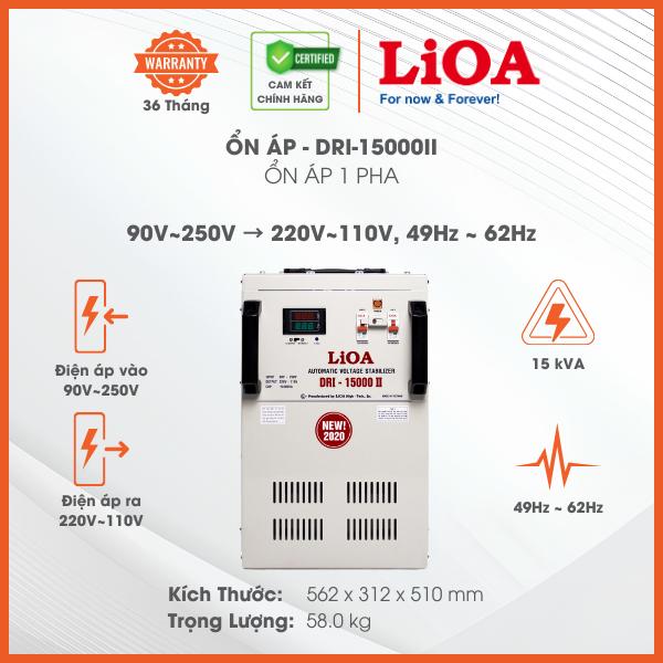 Ổn Áp LiOA 1 Pha DRI-15000II 15kVA 15000VA. Điện Áp Vào 90V÷250V, Điện Áp Ra 220V÷110V. Dây Đồng 100%