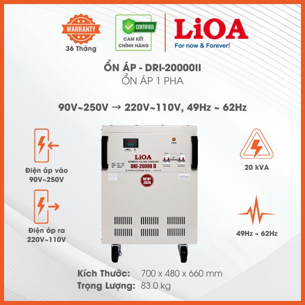 Ổn Áp LiOA 1 Pha DRI-20000II 20kVA 20000VA. Điện Áp Vào 90V÷250V, Điện Áp Ra 220V÷110V. Dây Đồng 100%