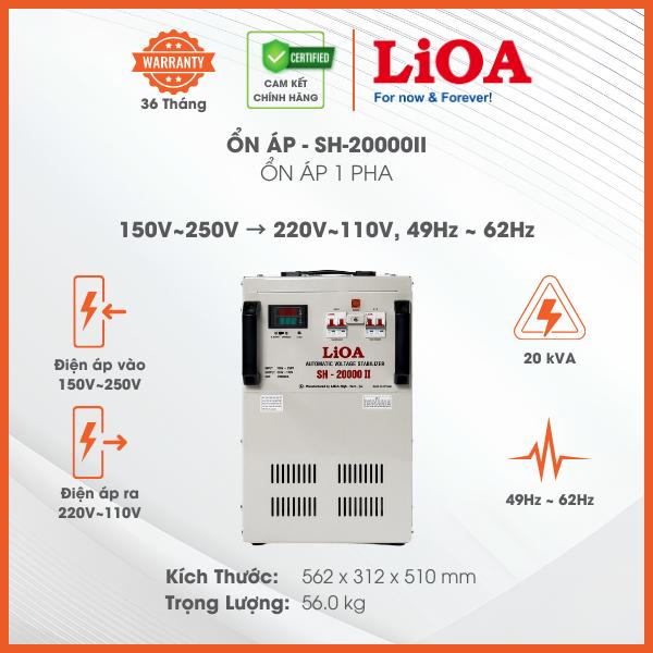 Ổn Áp LiOA 1 Pha SH-20000II 20kVA 20000VA. Điện Áp Vào 150V÷250V, Điện Áp Ra 220V÷110V. Dây Đồng 100%