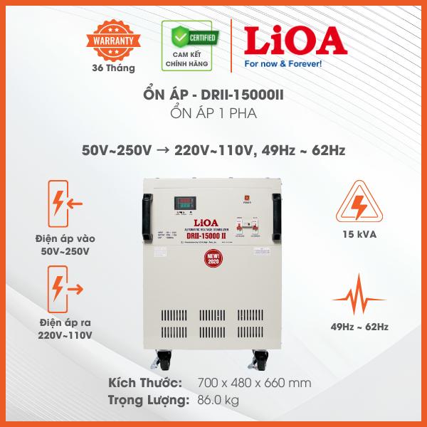 Ổn Áp LiOA 1 Pha DRII-15000II 15kVA 15000VA Điện Áp Vào 50V÷250V, Điện Áp Ra 220V÷110V. Dây Đồng 100%