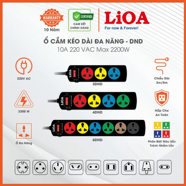 Ổ Cắm Kéo Dài Đa Năng Màu Đen Chính Hãng LiOA. Loại Công Suất Tối Đa 10A 220VAC MAX 2200W. Bảo Hành 10 Năm