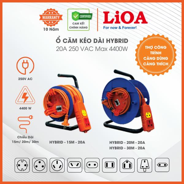 Ổ Cắm Kéo Dài Hybrid Socket Hãng LiOA, Chống Quá Tải Bằng CB, Dây Dài 15m 20m 30m, Công Suất Max 4400W, 4 Ổ Cắm