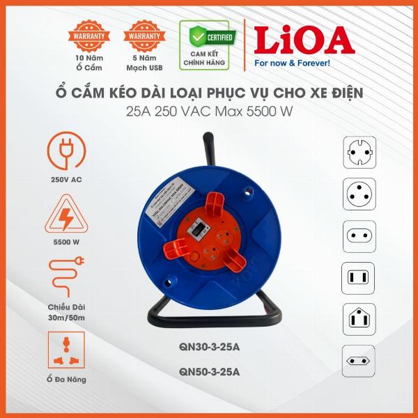 Ổ Cắm Kéo Dài Quay Tay Rulo Loại Quay Lớn Mã QT30-3-25A Và QT50-3-25A Hãng LiOA. Công Suất Lớn 25A 5500W Sạc Cho Xe Điện