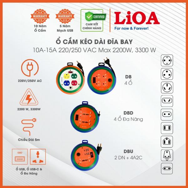 Ổ Cắm Kéo Dài Quay Tay Rulo Kiểu Đĩa Bay LiOA Mã DB. Dây Dài 5m, Công Suất 10A 15A, Có Ổ Cắm Đa Năng/ USB: Type A Type C