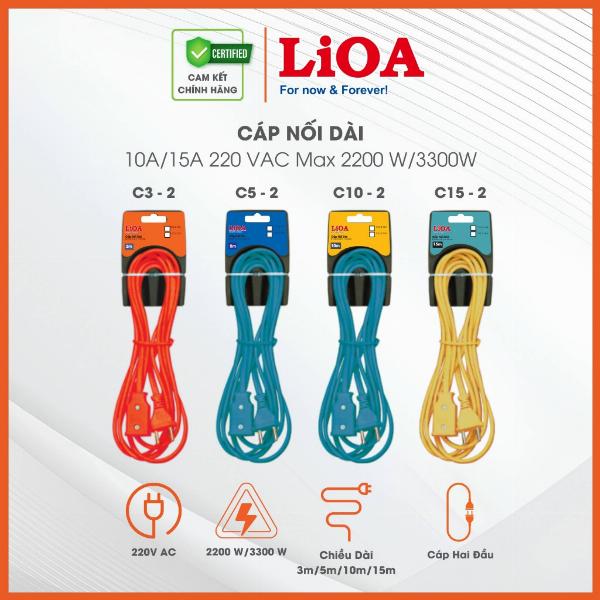 Dây Điện Nối Dài Chính Hãng LiOA, Phích Nối Dài 3m/5m/10m/15m, Công Suất 2200W 3300W. Mã C3/5/10/15-2-10A/15A.