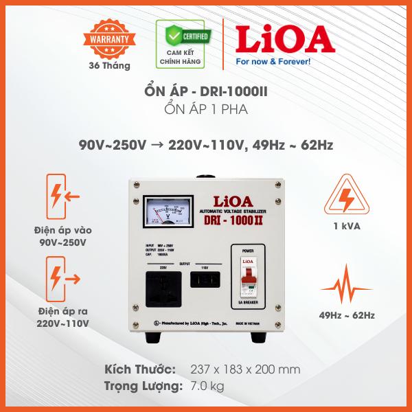 Ổn Áp LiOA 1 Pha DRI-500II 0,5kVA 500VA. Điện Áp Vào 90V÷250V, Điện Áp Ra 220V÷110V. Dây Đồng 100%