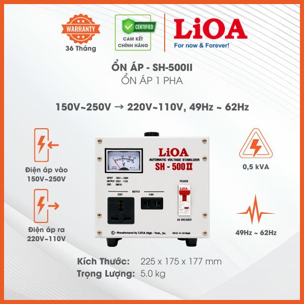 Ổn Áp LiOA 1 Pha mã SH-500II 0,5kVA 500VA. Điện Áp Vào 150V÷250V, Điện Áp Ra 220V÷110V. Dây Đồng 100%