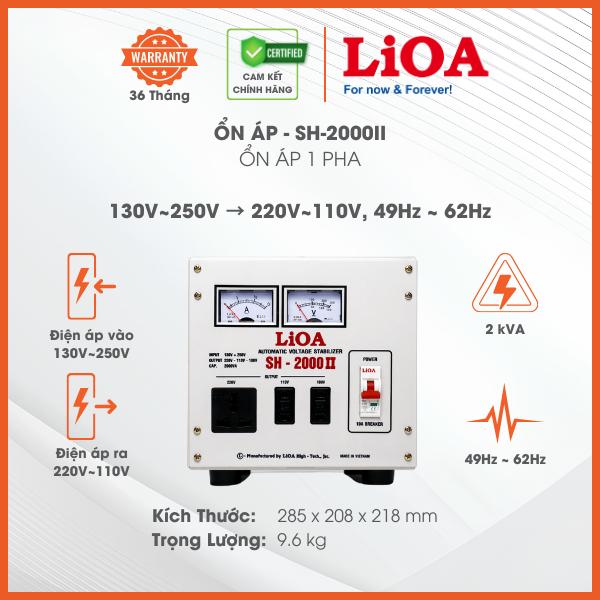 Ổn Áp LiOA 1 Pha SH-2000II 2kVA 2000VA. Điện Áp Vào 130V÷250V, Điện Áp Ra 220V÷110V. Dây Đồng 100%