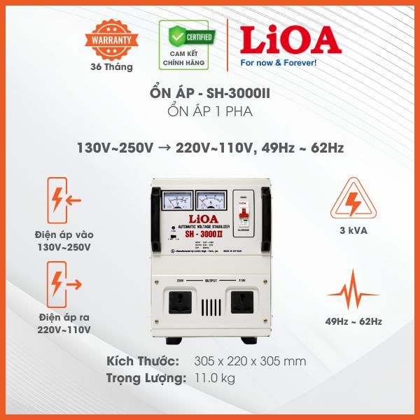 Ổn Áp LiOA 1 Pha SH-3000II 3kVA 3000VA. Điện Áp Vào 130V÷250V, Điện Áp Ra 220V÷110V. Dây Đồng 100%