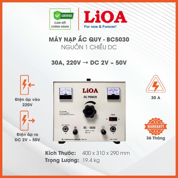 Máy Nạp Ắc Quy Nguồn 1 Chiều BC5030. Chính Hãng LiOA. 30A, Điện Áp Vào 220V, Điện Áp Ra DC 2V-50V