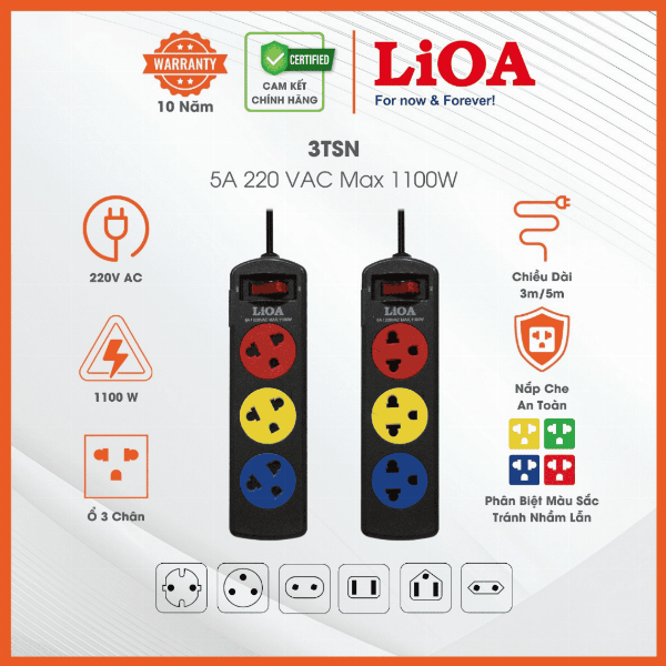 Ổ Cắm Kéo Dài Thông Dụng Loại Có Công Tắc - Chính Hãng LiOA - Công Suất Tối Đa 5A 220VAC MAX 1100W