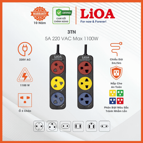 Ổ Cắm Kéo Dài Thông Dụng LiOA Loại Không Có Công Tắc - Công Suất Tối Đa 5A 220VAC MAX 1100W