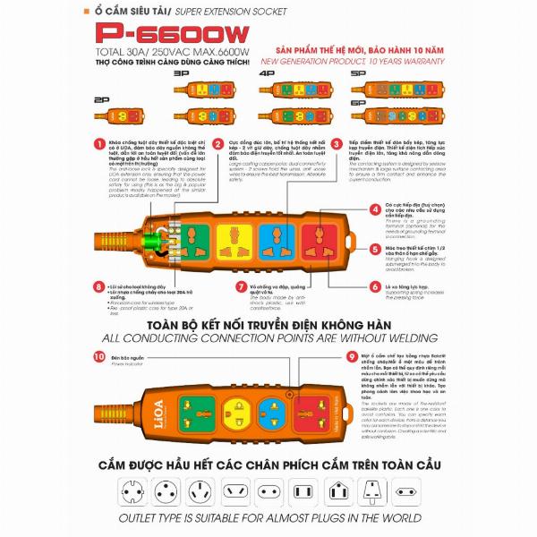 Ổ Cắm Điện Siêu Tải Không Dây Kết Hợp Ổ 3 Chân và Ổ Đa Năng - LiOA. Công suất lên đến 6600W. 2 ổ 3 ổ 4 ổ 6 ổ