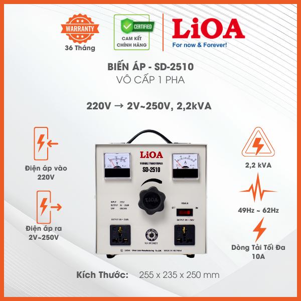 Biến Áp Vô Cấp LiOA SD-2510 10A 2,2kVA 2200VA. Điện Áp Vào 220V, Điên Áp Ra 2V-250V. Dây Đồng 100%