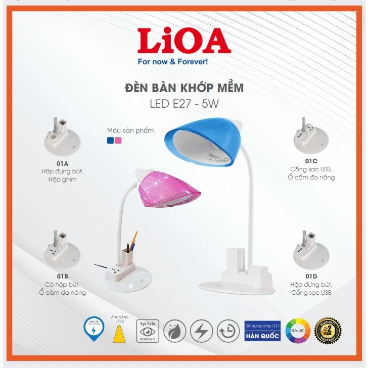 Đèn Bàn Học Khớp Mềm LiOA - Bóng LED - Chống Cận - Có Hộp Để Bút Và Ghim/Ổ Cắm Đa Năng/Sạc USB