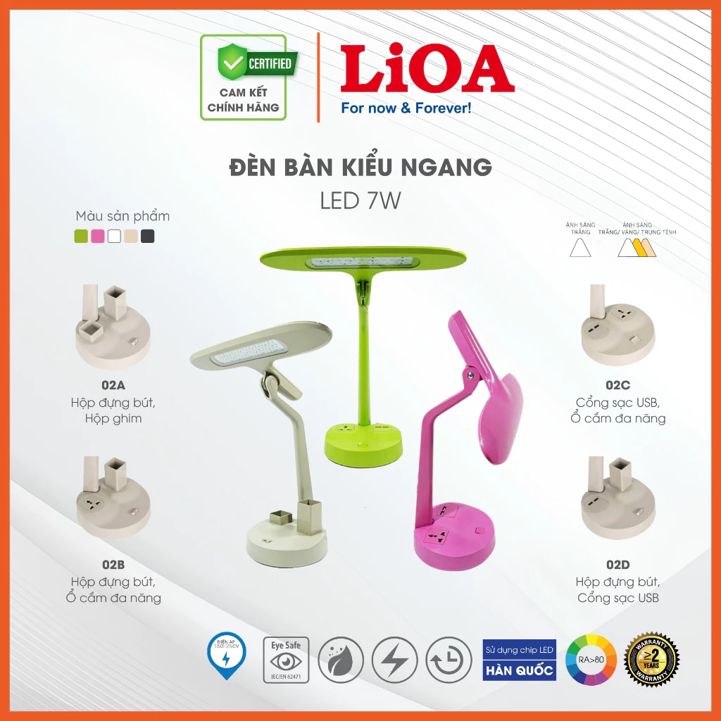 Đèn Bàn Học LED Kiểu Đèn Ngang LiOA - Chống Cận - Có Hộp Để Bút Và Ghim/Ổ Cắm Đa Năng/Sạc USB