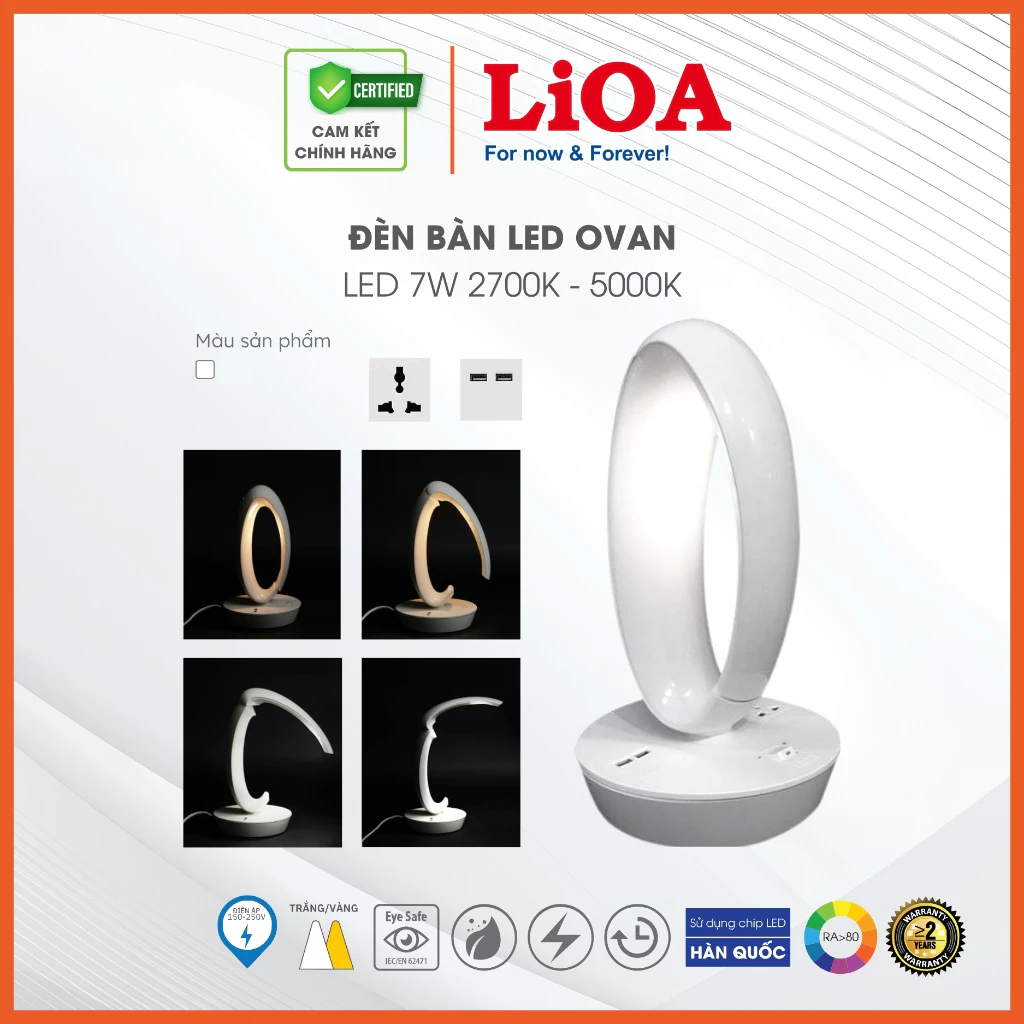 Đèn Bàn LED OVAN Hãng LiOA - Có Khớp Gập Thay Đổi Ánh Sáng - Đế Có Ổ Cắm Và Cổng USB