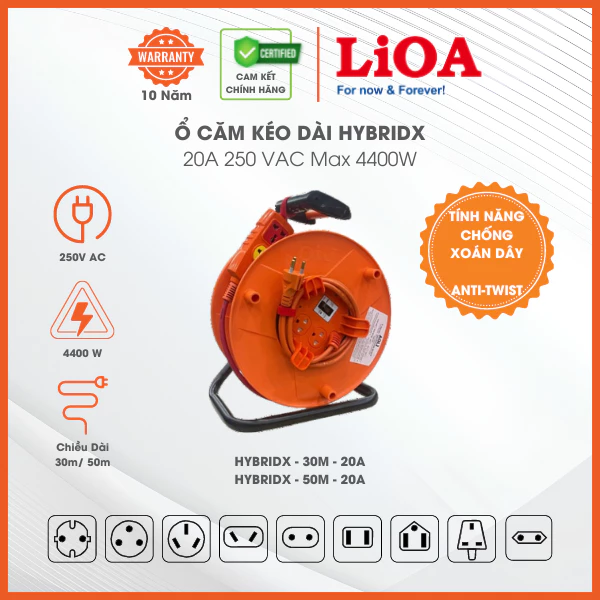 Ổ Cắm Kéo Dài Chống Xoắn Dây Hybridx Hãng LiOA, Chống Quá Tải Bằng CB, Dây Dài 30m, Công Suất Max 4400W, 4 Ổ Cắm